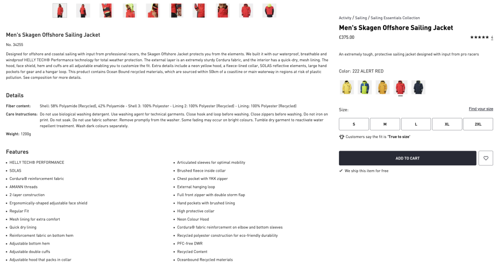 Helly Hansen store's product description