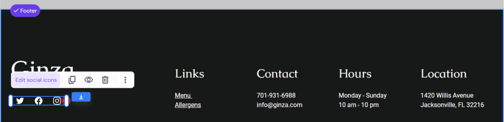 The Edit social icons button on Ginza's Menu page's footer