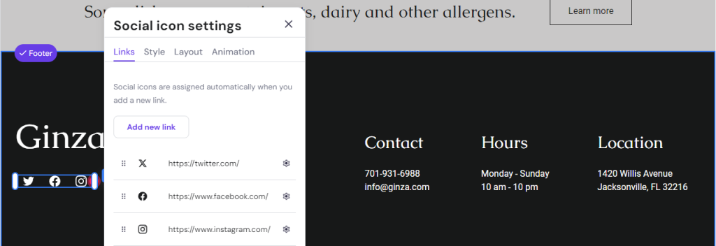 The Social icon settings pop-up window on Ginza's Menu page