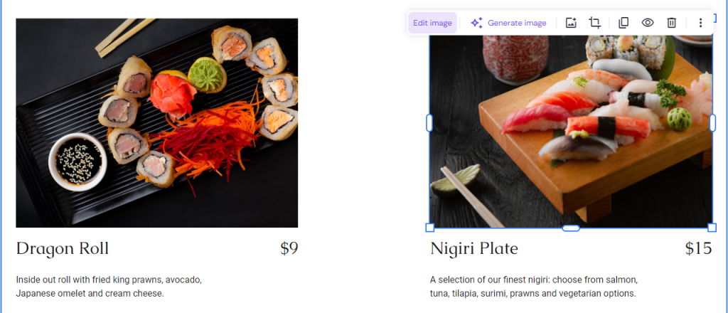 The Edit image button on Ginza's Menu page
