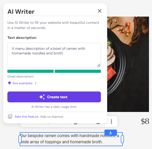 The AI Writer pop-up window for editing text elements on Ginza's Menu page