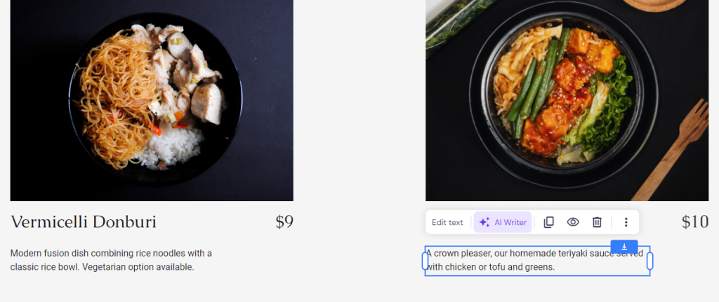 The AI Writer button on a menu description