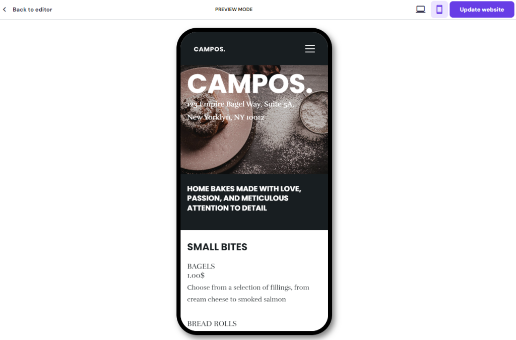 The Mobile version's preview on Hostinger Website Builder