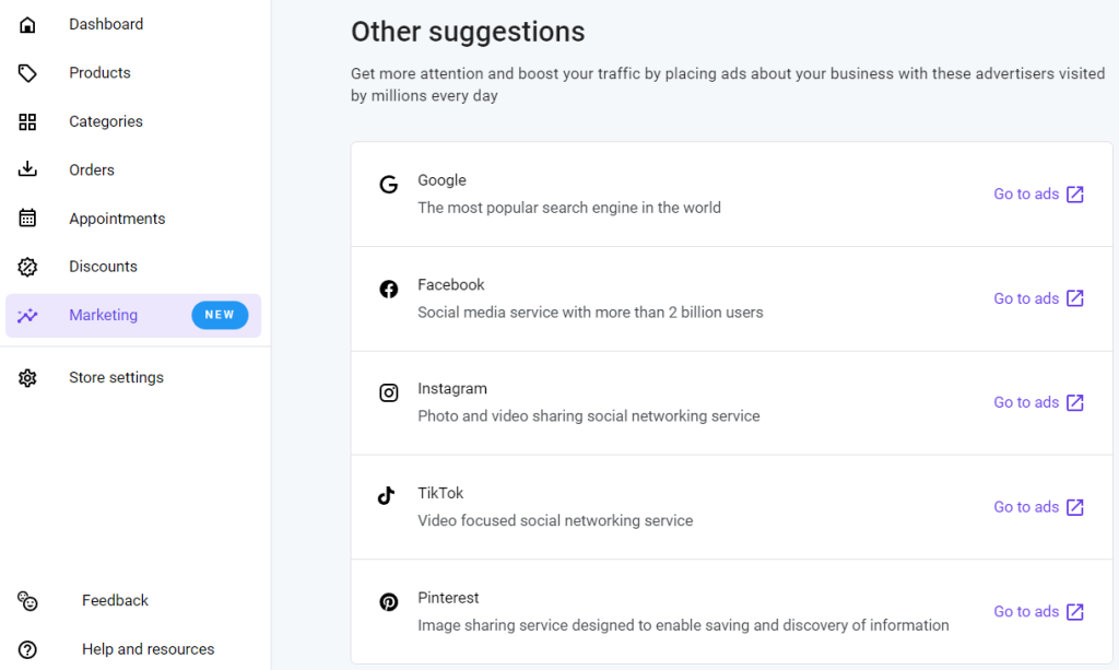 The Marketing section showing Google, TikTok, Instagram ads integration on Hostinger Website Builder's Store manager