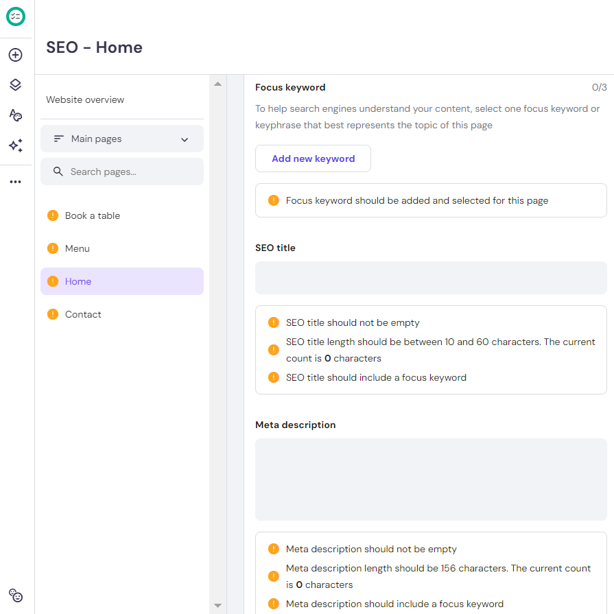 The Home section under SEO settings on Hostinger Website Builder