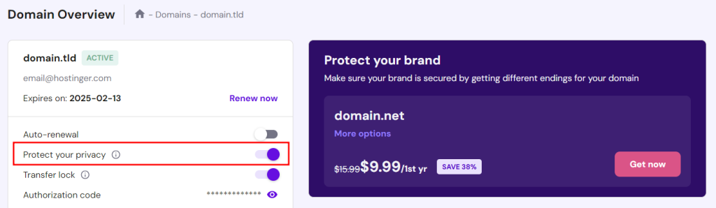 Domain Overview in Hostinger hPanel
