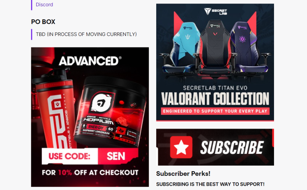 Marcas patrocinadas apresentadas na descrição da transmissão do TenZ na Twitch