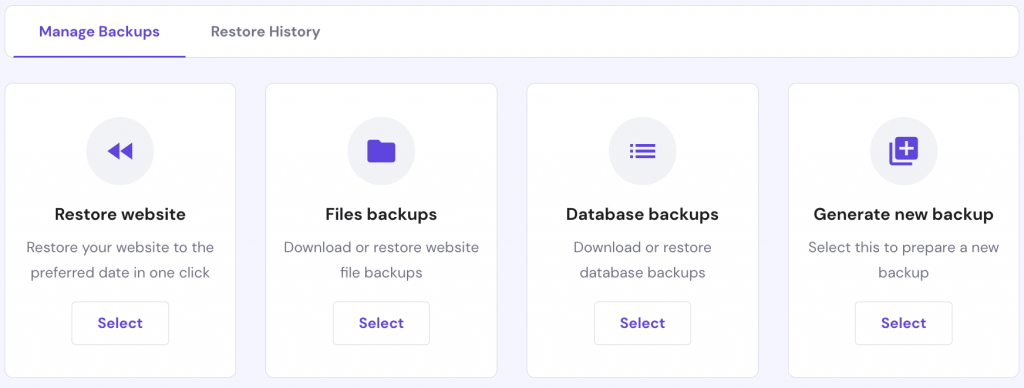 Manage backups section closeup
