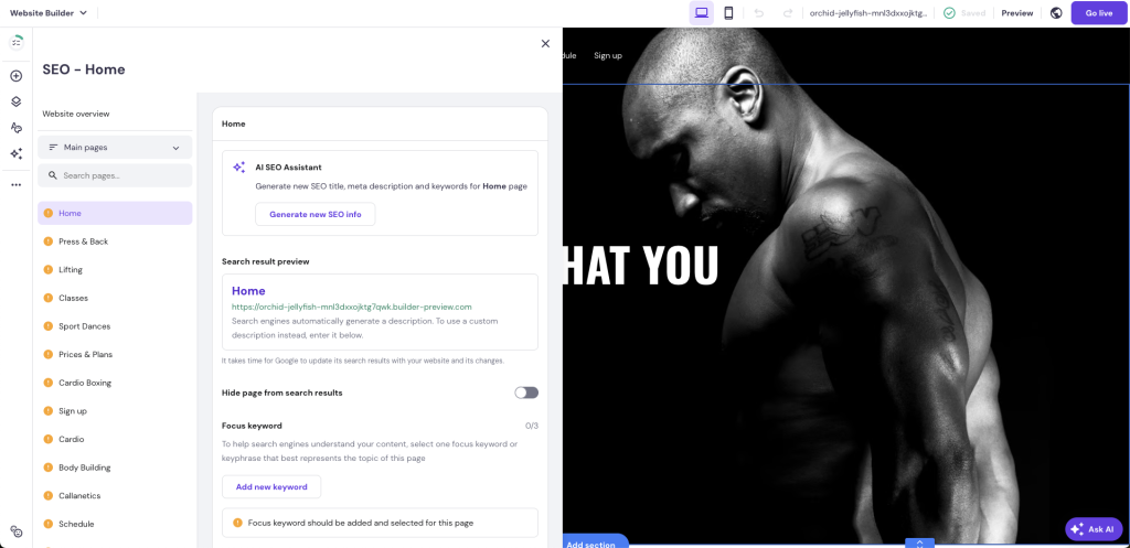 SEO dashboard expanded in Hostinger Website Builder site editor