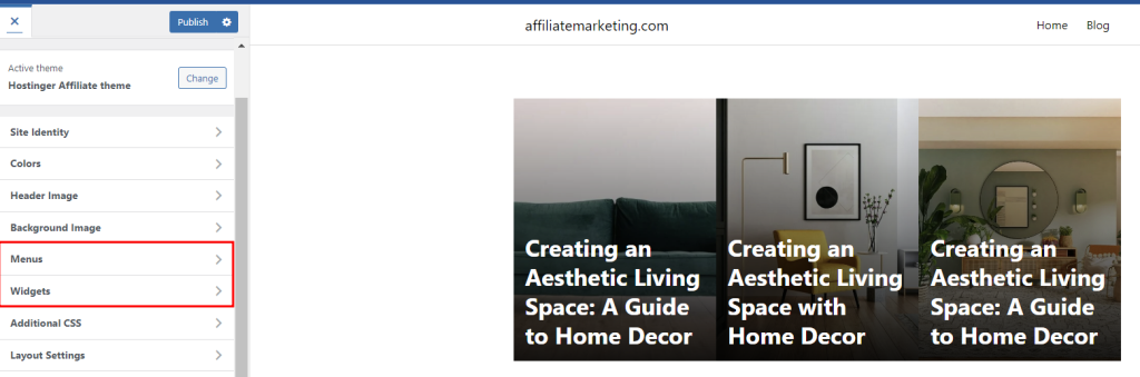 The Menus and Widgets options in the WordPress Customizer