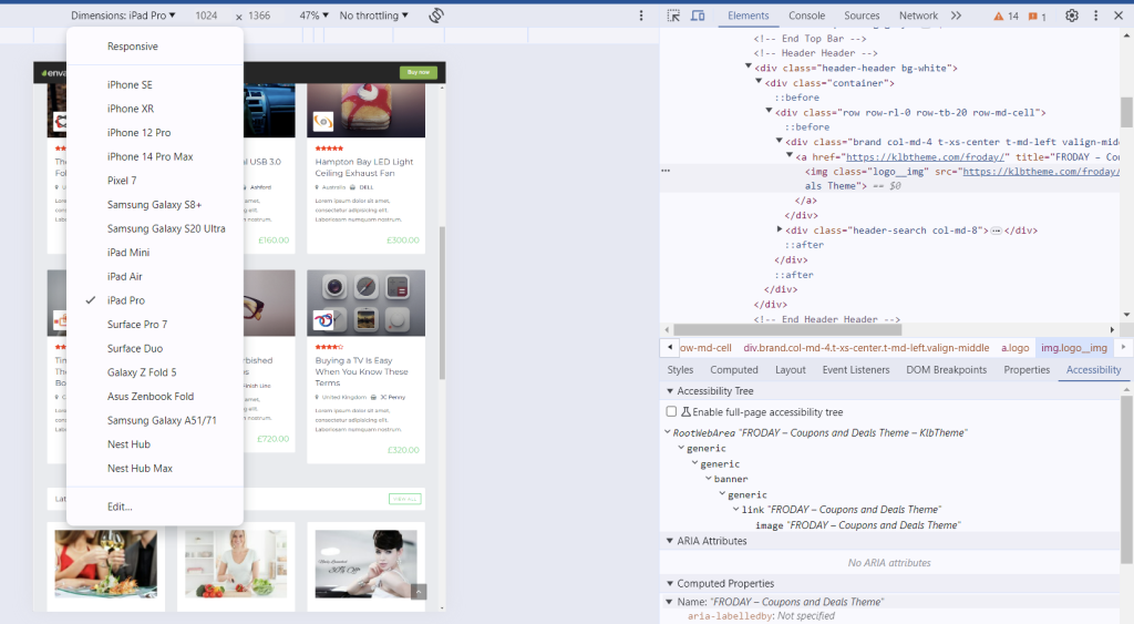 The feature to adjust screen dimensions in Google Chrome's Inspect tool