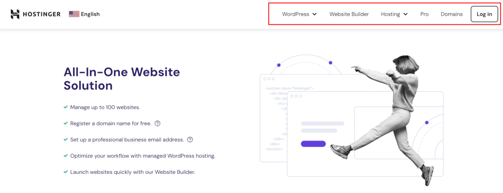 The homepage of Hostinger with the top menu bar highlighted in red