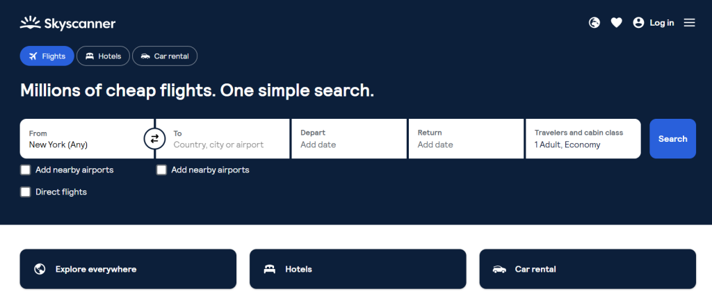 The homepage of Skyscanner