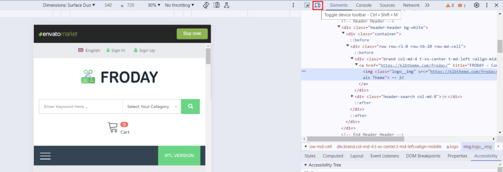 Toggle device toolbar in Google Chrome's Inspect tool