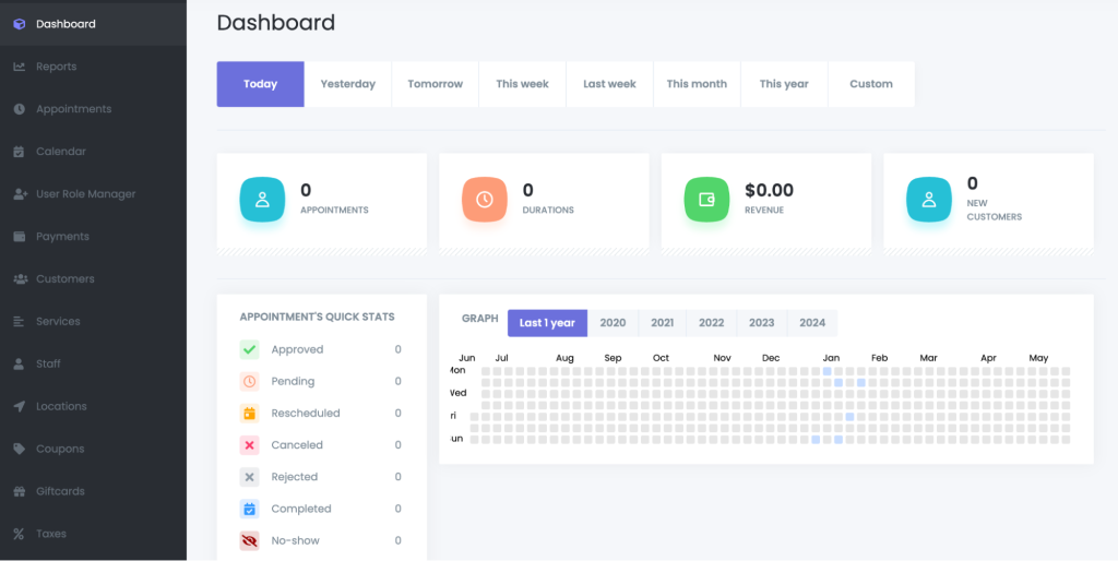 The Dashboard in the Booknetic plugin