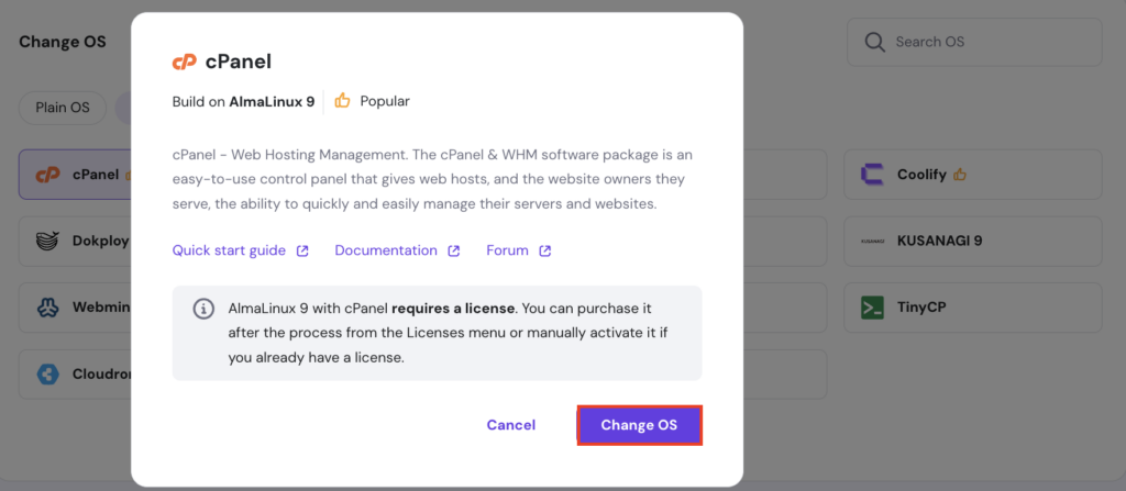 The Change OS button on a confirmation pop-up on hPanel VPS dashboard.