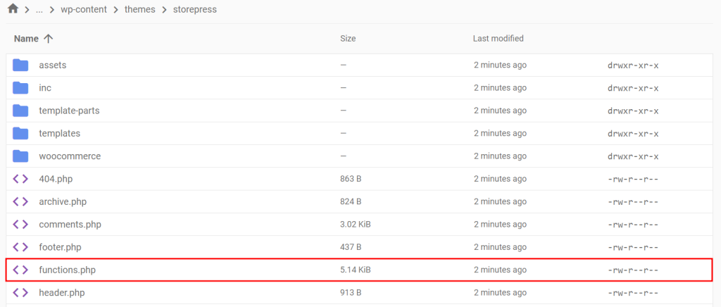 Locating functions.php file using File Manager