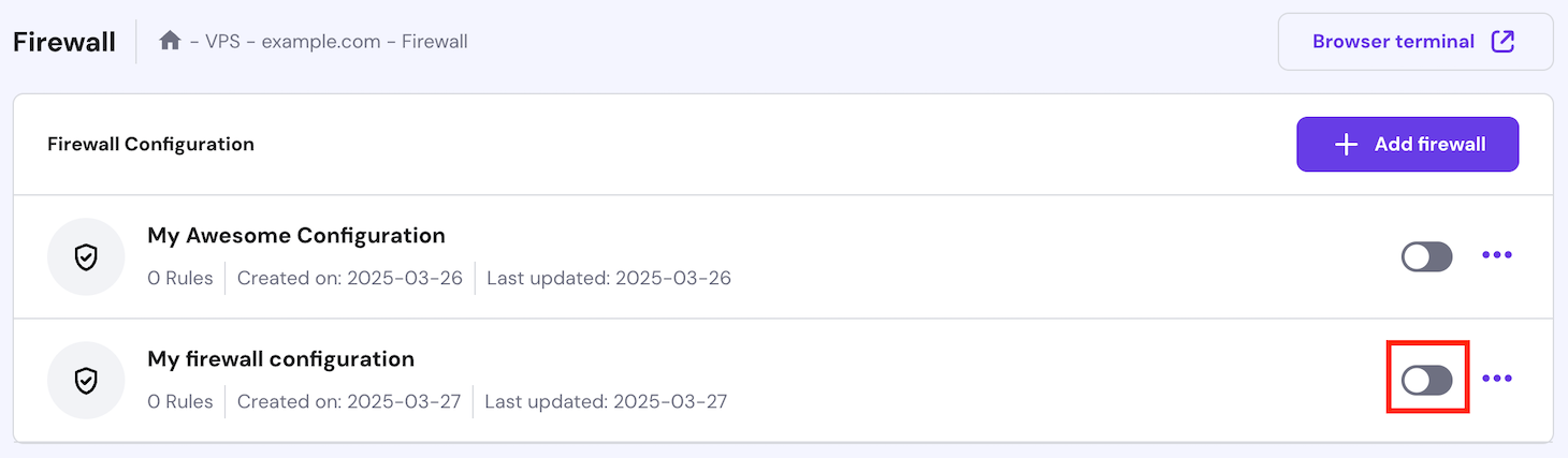 The firewall configuration activation toggle on hPanel