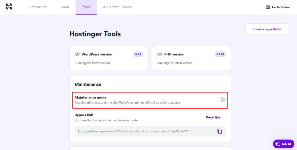 Maintenance mode setting in Hostinger hPanel
