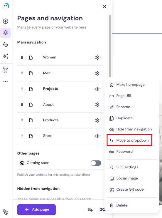Hostinger Website Builder page navigation option highlighting dropdown function
