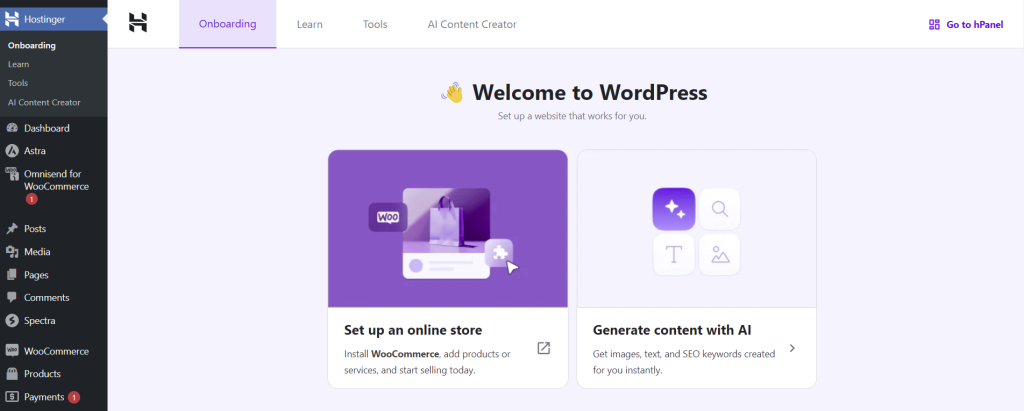 Hostinger Easy Onboarding plugin on WordPress