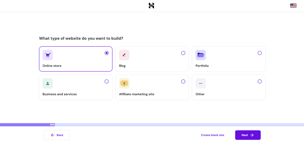 Hostinger's onboarding flow for creating a WordPress website