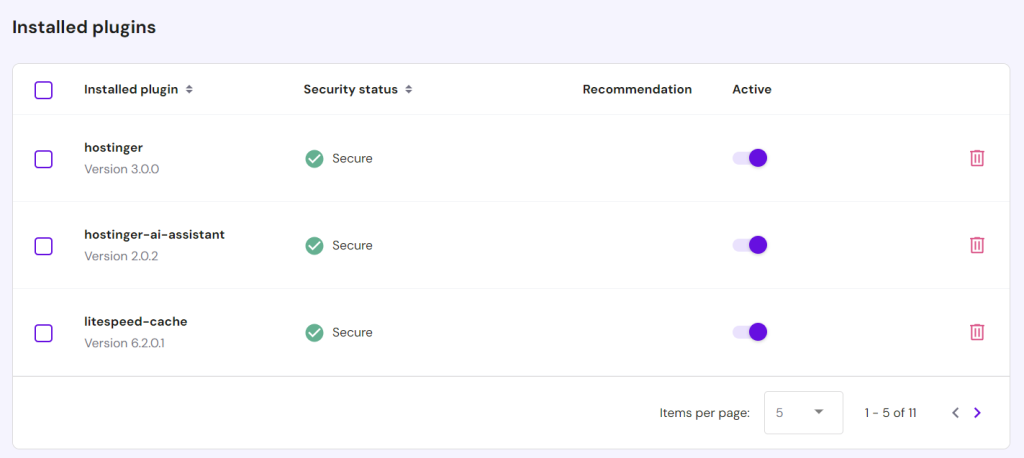 WordPress plugin management in hPanel