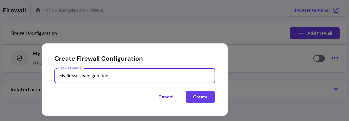 A new firewall configuration creation window in hPanel