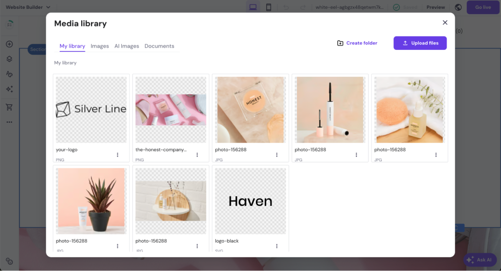 Hostinger Website Builder media library