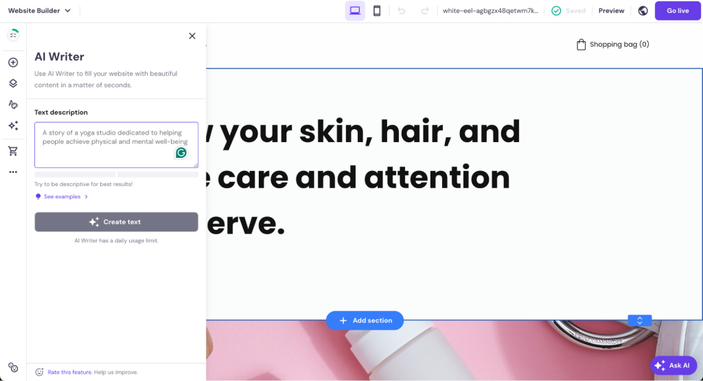 Hostinger Website Builder AI Writer open in the editor