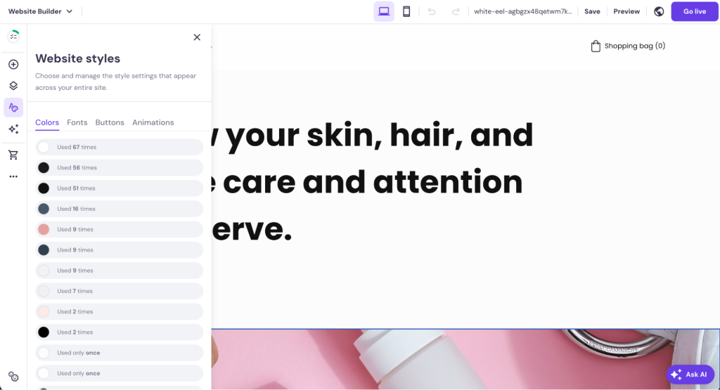 Hostinger Website Builder Websites styles color menu opened