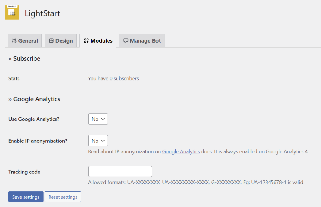 LightStart's Module settings, where user can use Google Analytics to track traffic during maintenance