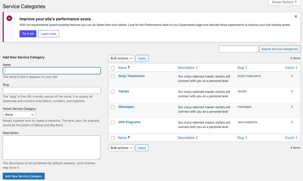 The Service Categories page in the MotoPress Appointment Booking plugin