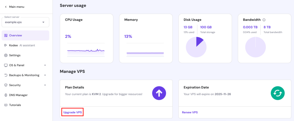 hPanel's VPS overview panel with Upgrade VPS highlighted