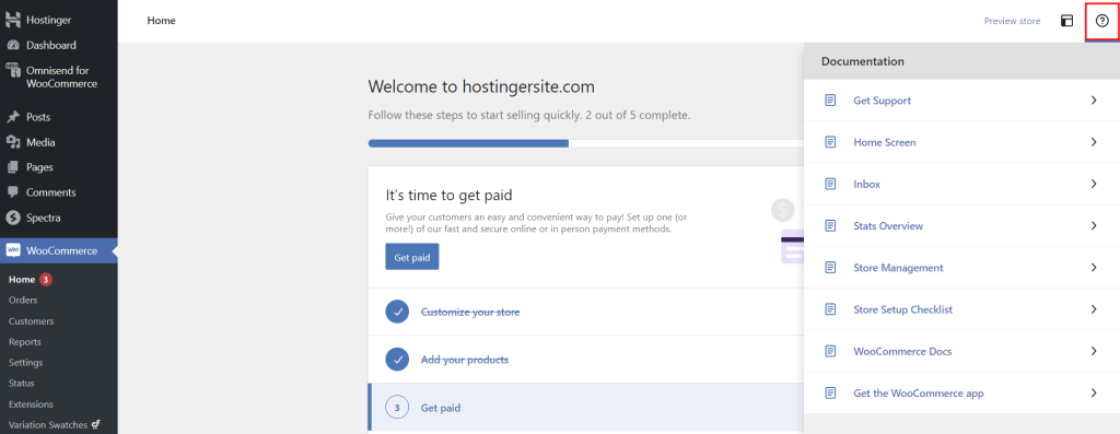 WooCommerce dashboard, highlighting the icon to access documentation
