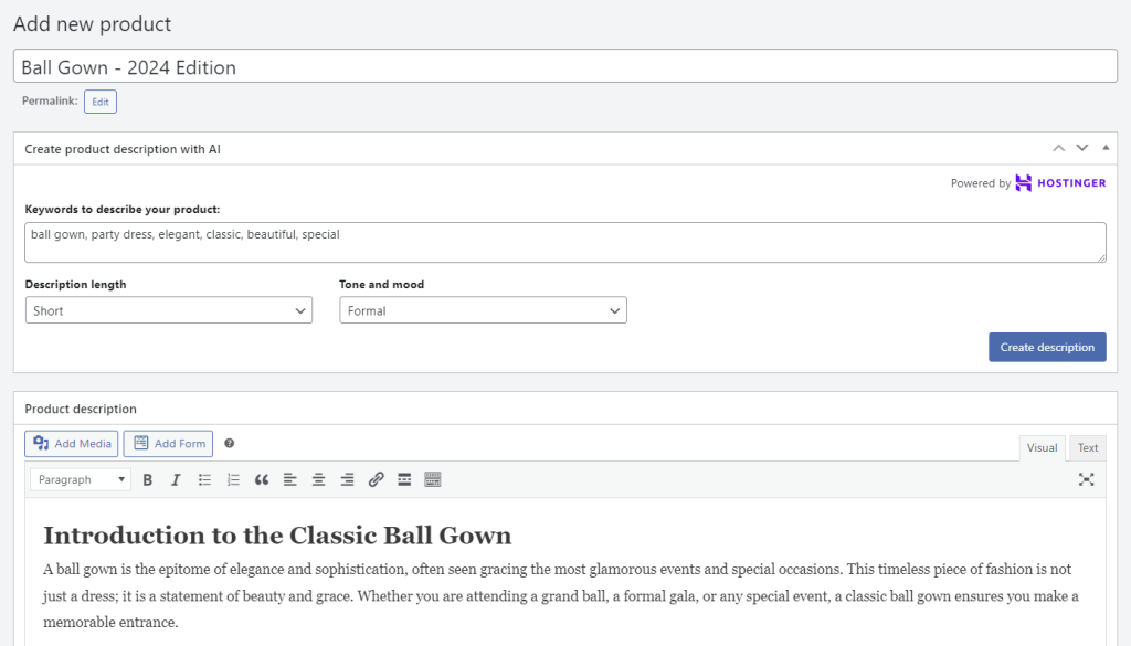 Creating a product description with Hostinger AI tool