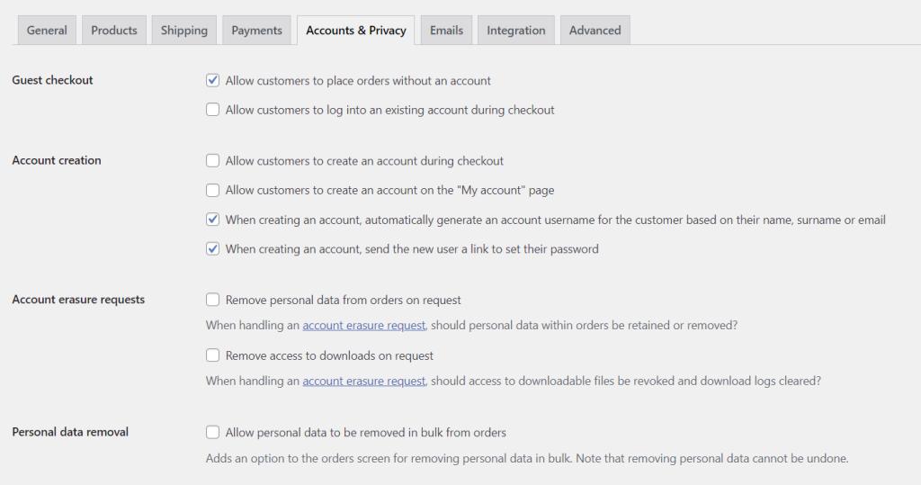 WooCommerce accounts and privacy settings