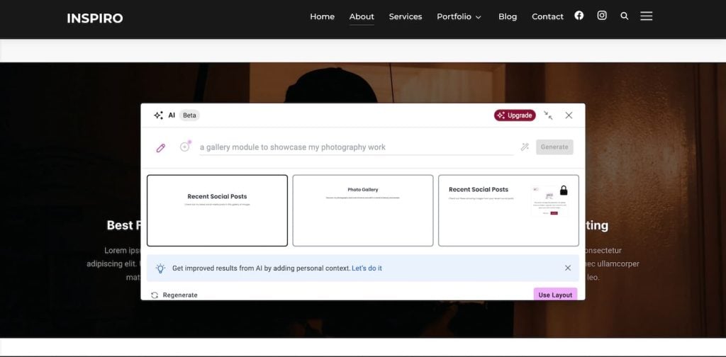 Elementor AI generating modules for Inspiro theme