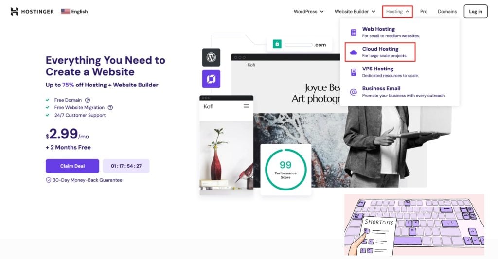 Keyboard Accessibility - Hostinger homepage promoting website creation tools and hosting plans, with highlighted options for Web Hosting, Cloud Hosting, VPS Hosting, and Business Email. And showing how to navigate using only a keyboard.