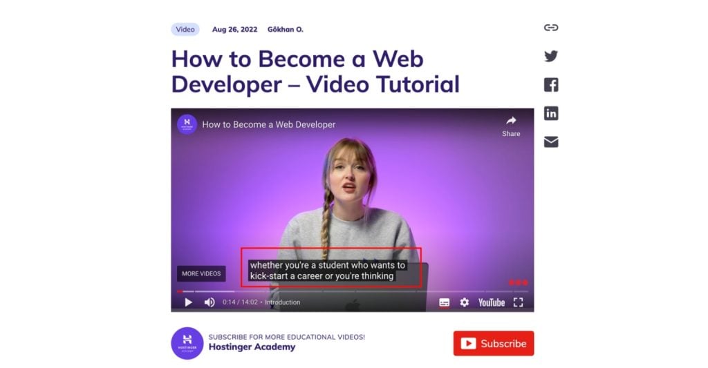 Multimedia Accessibility - A YouTube video thumbnail titled "How to Become a Web Developer - Video Tutorial" from the Hostinger Academy channel featuring social media sharing icons and a Subscribe button. The video shows the subtitle or transcript.