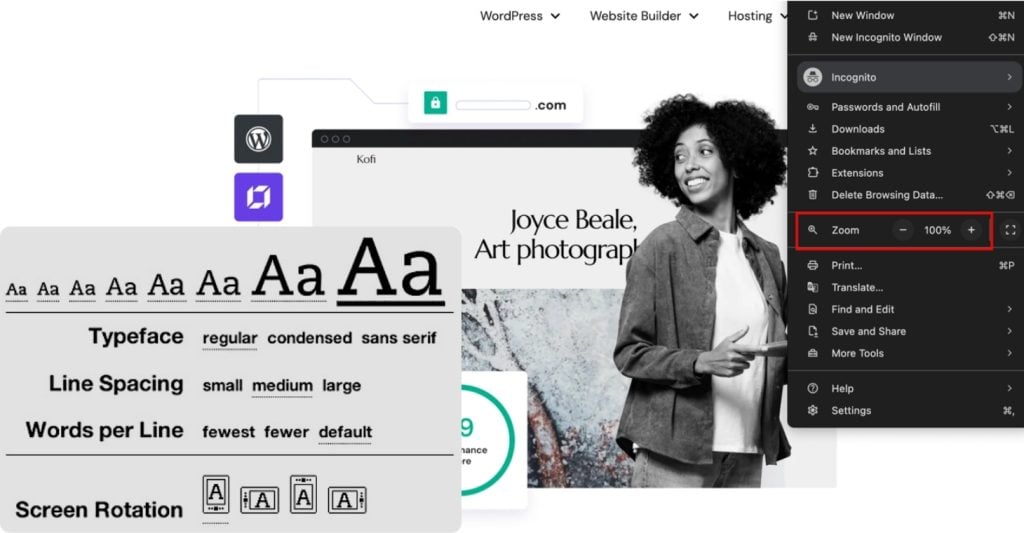 The Hostinger website with tools and settings for customizing the font size, line spacing, and screen rotation.