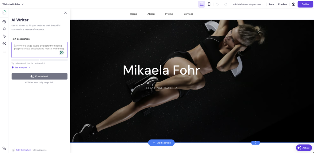 O AI Writer abre no editor do Hostinger Website Builder.