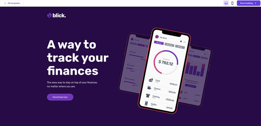 O modelo de página inicial do aplicativo Blick está sendo visualizado no Construtor de Sites da Hostinger.