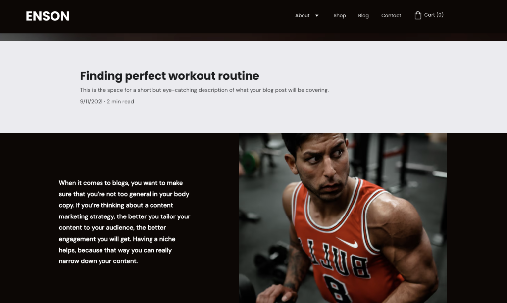 A página do blog do modelo de site Enson em modo de pré-visualização no Hostinger Website Builder.