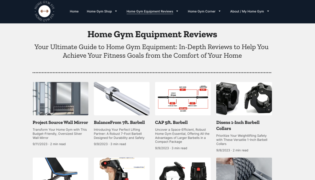 Página de avaliações de equipamentos de ginástica para casa no site Home Gym Fix