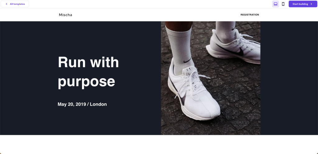 O modelo de página de destino para eventos da Mischa está sendo visualizado no Hostinger Website Builder.