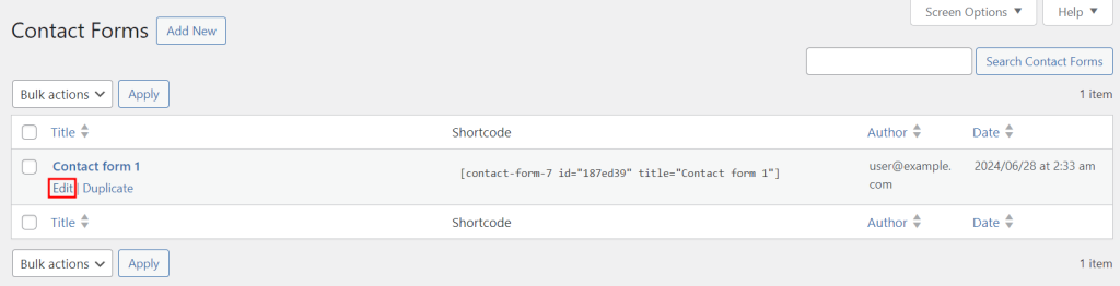 The Edit button in the Contact Forms section in WordPress