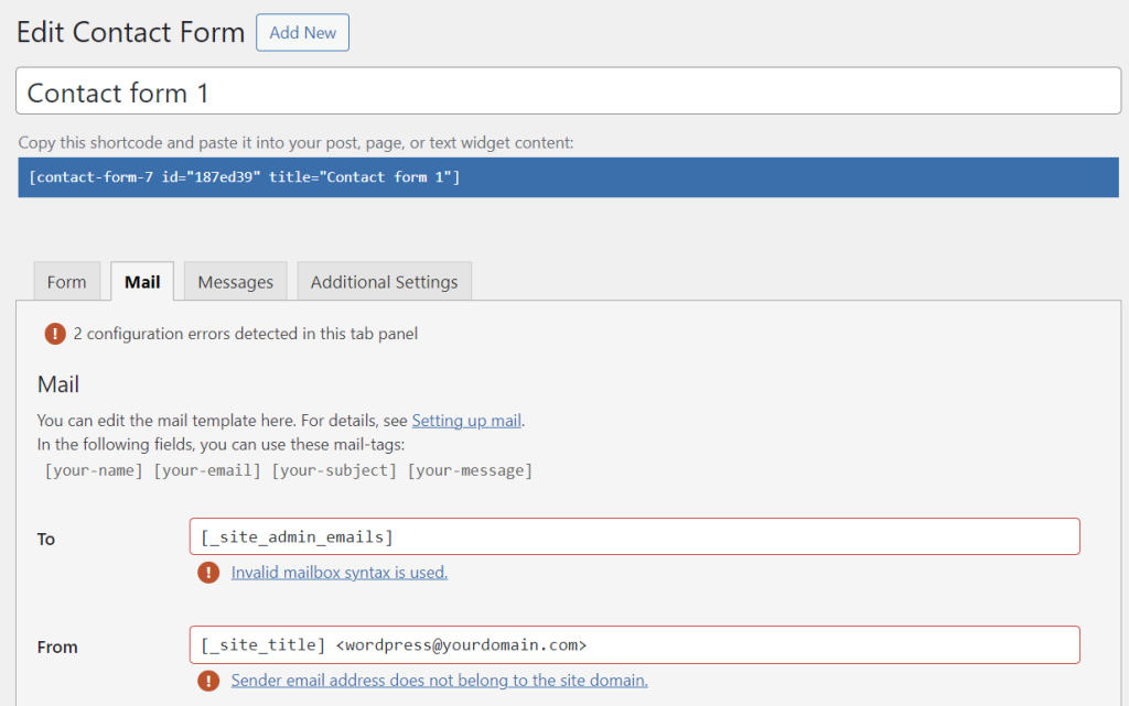 The To and From fields in the Mail tab when editing a contact form