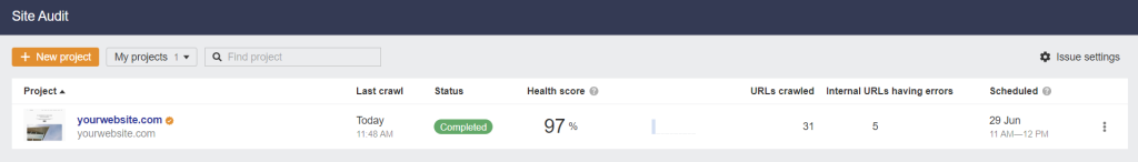 A list of projects in Ahrefs' Site Audit tab