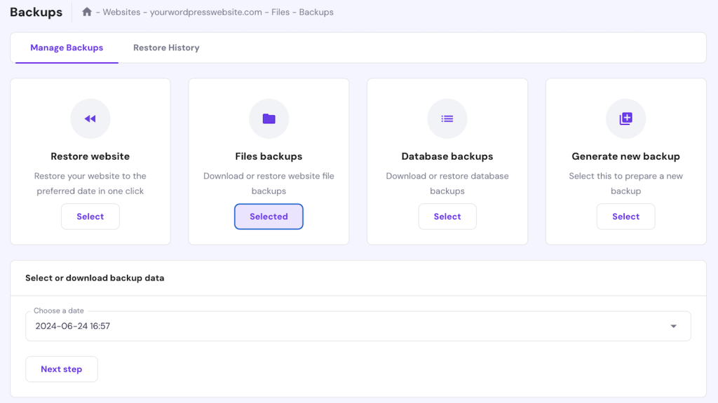 Backup menu in hPanel